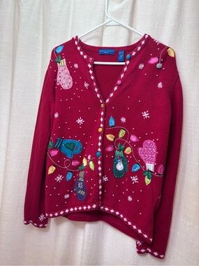 Vintage Karen Scott Red Embroidered Holiday Cardigan Sweater